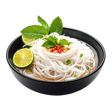 A refreshing plate of nom banh chok, the classic cambodian noodle salad with herbs, beansprouts, and lime, isolated on a white background