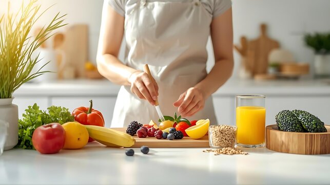 A person in an apron preparing a healthy fruit salad with fresh ingredients and juice in a bright kitchen.