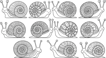 Decorative Snail Line Art Vector Set with Mandala Pattern Shells, Zentangle Style Garden Illustration, Cute Doodle Animals for Coloring Pages © Priyanka