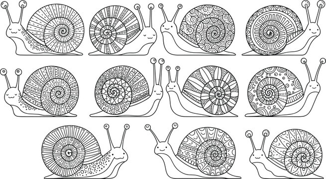 Decorative Snail Line Art Vector Set with Mandala Pattern Shells, Zentangle Style Garden Illustration, Cute Doodle Animals for Coloring Pages