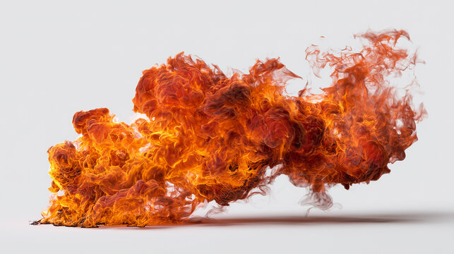 A large and intense orange flame erupting and spreading rapidly across a plain and neutral background suddenly