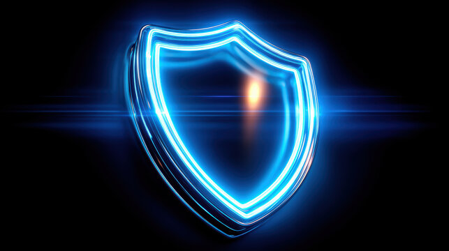 Blue glowing shield emblem representing security and protection technology with strong reliable safety concept against dark black background