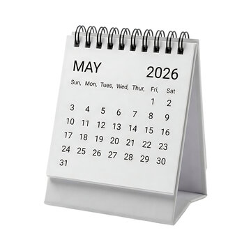 May 2026 desk calendar page showing days and dates arranged in a grid with spiral binding on stand, isolated on transparent background