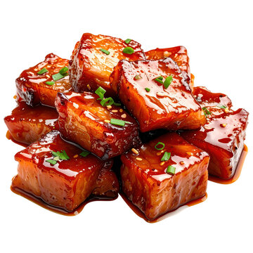 Authentic vietnamese thit kho, a family-style dish of caramelized pork with hard-boiled eggs, completely isolated on a stark white background