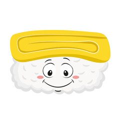 Cute Cartoon Tamago Sushi Character with Smiley Face Illustration Isolated on White Background © HakujiHaruka