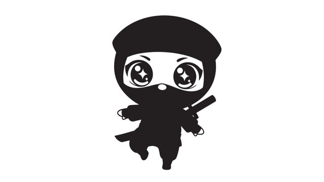 Cute cartoon ninja figure with sword silhouette in playful action pose.