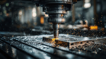 A close-up view of an industrial machine cutting a metal plate, sparks flying as it carves through the material