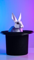 Origami rabbit emerges from a black top hat against a vibrant purple and blue gradient backdrop