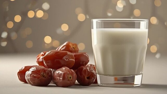 Dates and milk for iftar, traditional Ramadan Mubarak breaking fast concept
