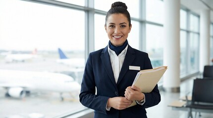 Fototapeta premium Woman in flight uniform holding documents in natural daylight