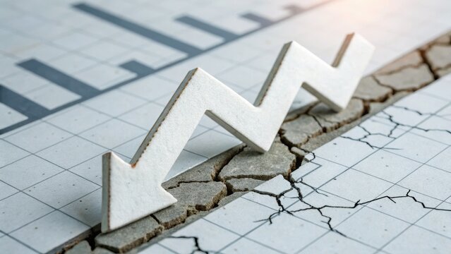A white arrow pointing downwards on a cracked surface, symbolizing decline or crisis 