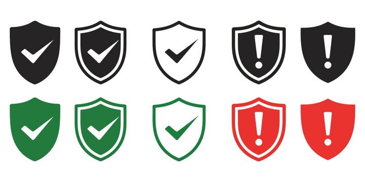 Safety Shield Symbols, shield icons with approval check and warning exclamation, security and protection concept, cyber safety and risk management illustration.