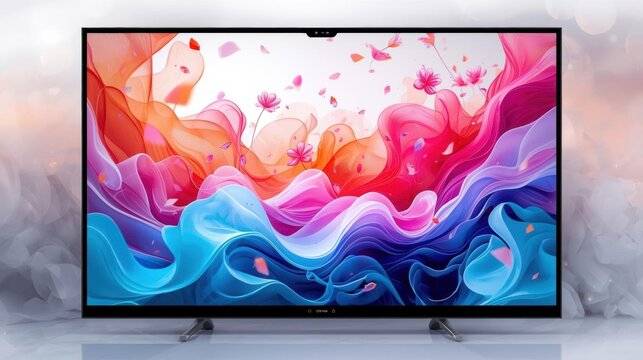 A vibrant flat-screen TV displays a colorful abstract design with swirling waves of pink, orange, purple, and blue hues, enhanced by floating petals and light effects.