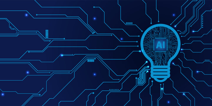 The light bulb circuit with AI chip on the circuit motherboard. Idea and innovation by AI. Artificial intelligence and Machine learning technology concept. Vector Illustration.