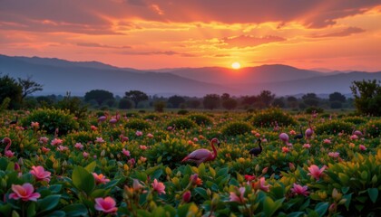 Obraz premium Flamingos in Flower Field at Sunset