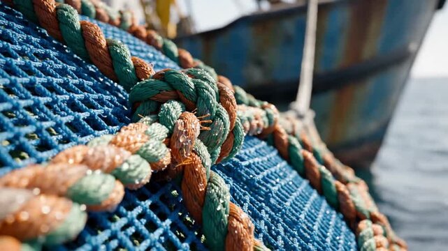 Close-up of fishing net and rope on boat at sea