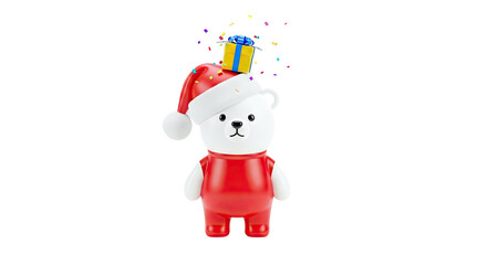 Cute polar bear with Santa hat and gift on its head, surrounded by confetti
