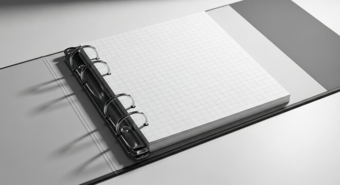 Open black ring binder notebook with stack blank grid paper pages, for structured planning, detailed documentation, business strategy development, organized work flow template for success