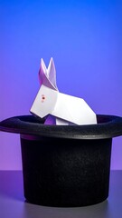 Origami rabbit resting in a black top hat against a purple and blue gradient background