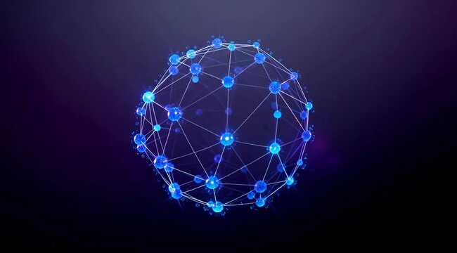 Abstract Blue Glowing Network Sphere with Connected Nodes Looping Animation. 4k slow motion