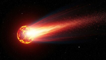 Obraz premium A fiery comet or meteor streaks across a star-filled dark space, leaving a brilliant trail of light and glowing particles. Cosmic event.