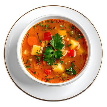 Comforting chuchvara soup, traditional meat dumplings from uzbekistan, photographed in a bowl and isolated on a white background