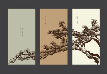 Naklejka premium vector illustration of bonsai tree branch card design with Chinese painting in traditional style.