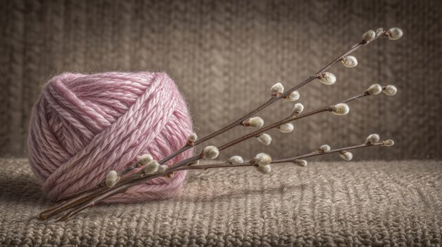 A fluffy pink yarn skein with delicate spring branches and buds rests on a textured fabric surface.