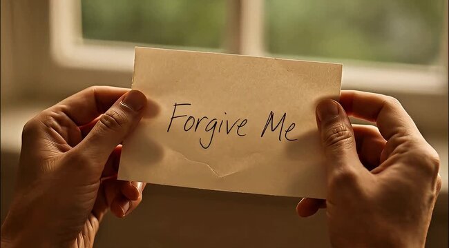 Hands holding a heartfelt apology note with 'Forgive Me' written on it, conveying sincere regret and emotional plea for forgiveness in a personal matters.