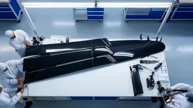 cleanroom technicians assembling long composite blades on inspection table, gowning and gloves emphasized while team aligns parts for lamination and curing, aerospace manufacturing