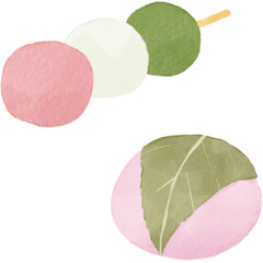 水彩風の三色団子と桜餅｜春の和菓子・花見・道明寺・ひな祭り