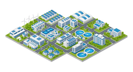 Fototapeta premium Isometric 3D illustration of a modern industrial complex with solar panels and water treatment pools on a green landscape