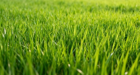 Lush Green Grass Field Textured Background with Natural Sunlight Highlighting Blades for a Fresh and Vibrant Outdoor Scene