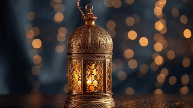 Glowing traditional Ramadan lantern with warm bokeh lights, peaceful Ramadan Mubarak atmosphere
