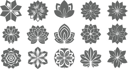 unique grayscale floral designs, organized into three rows. Each design showcases a different interpretation of floral motifs, emphasizing variety in petal shapes and complexities.