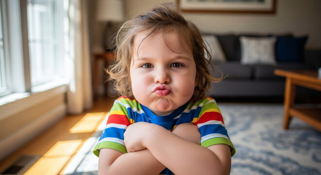 Cute Toddler Boy with Striped Shirt Pouting.