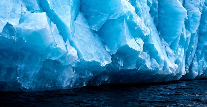 Dramatic close-up of a towering blue glacier meeting the dark, icy waters of the polar region, showcasing the ancient, fractured beauty of frozen wilderness