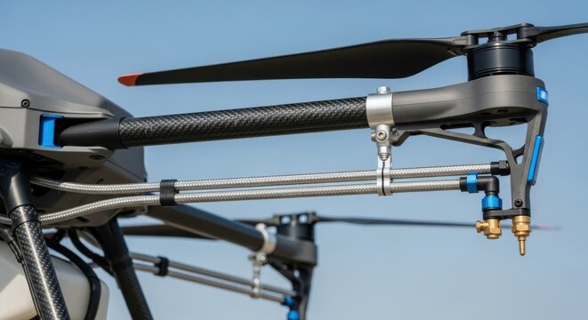Closeup of drones mechanical components and propellers in flight against blue sky