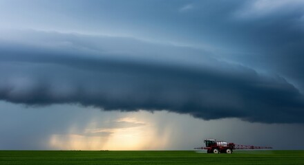 Fototapeta premium Tractor driving through a field under a large storm cloud at sunset or sunrise time