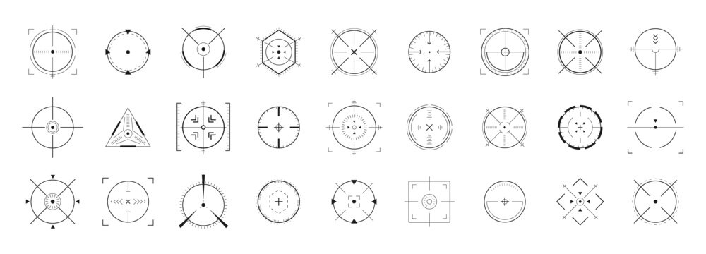 Crosshair Hud. Goal oriented weapon UI and telescope viewfinder. Collection of modern digital target icons. Vector eps 10.