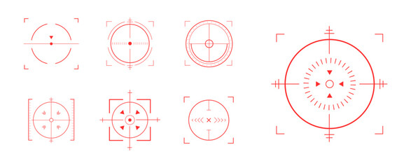 Crosshair Hud red. Various glowing neon laser icons. Futuristic game Hud and interface design. Flat Vector illustration.