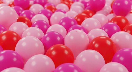 Vibrant pink and red balloons create a festive and playful atmosphere