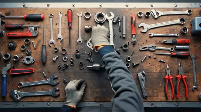 Gloved hands sorting engine parts on bench, methodical technician arranges wrenches, sockets, bearings and gaskets, overhead workshop view, oil stains and metal textures, focused repair