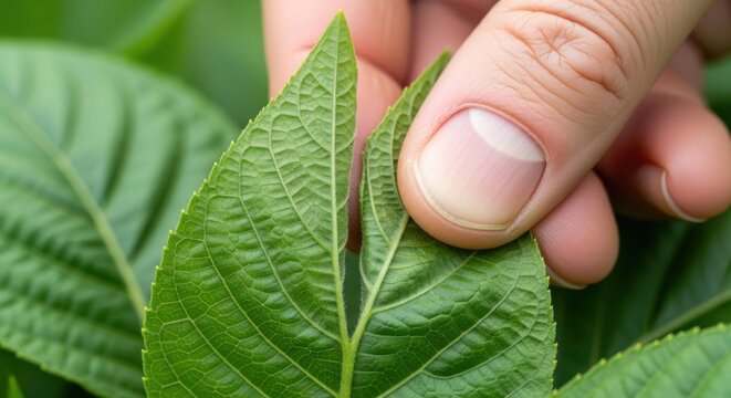 Closeup of a green leaf being held by a hand with thumb on top