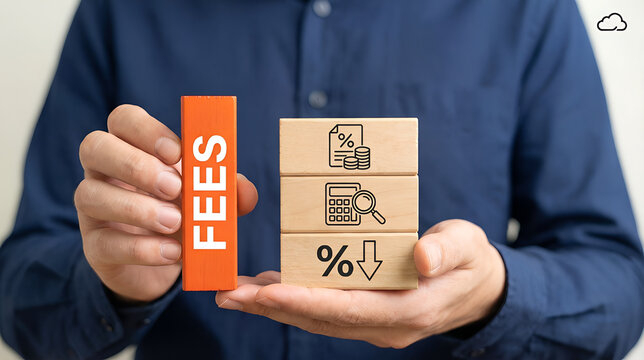 Concept of fees business, finance, banking, taxes. No commission, zero commission, low payment percentage. No hidden fees