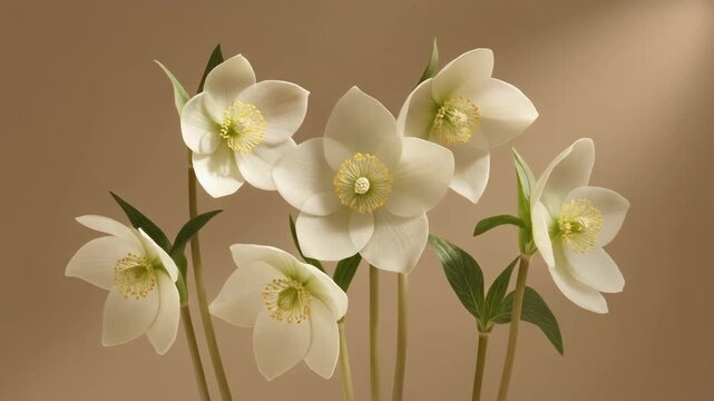 Beautiful White Hellebore Flowers Blooming in Soft Light.
