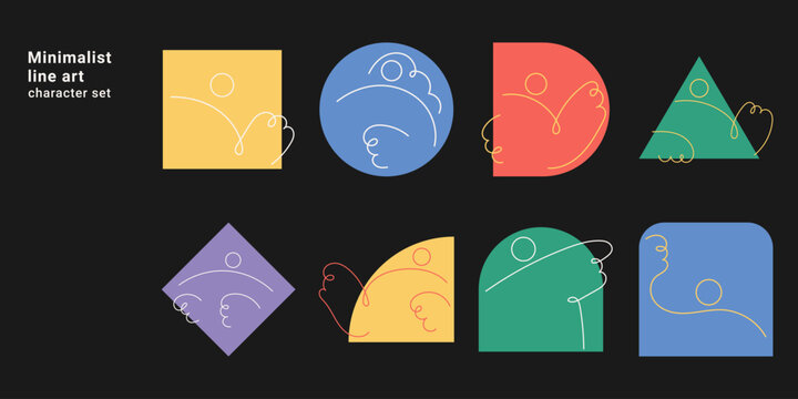 Minimalist line art character set with abstract figures in geometric shapes. One line drawing vector illustration collection for modern art and creative design colorful backgrounds.