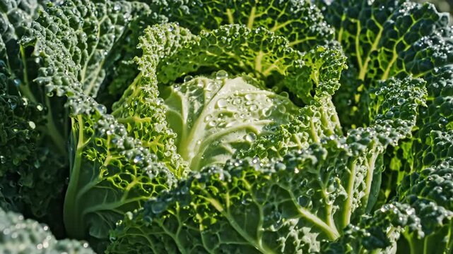 A vibrant green Savoy cabbage glistens with dew drops on a sunny day Its textured leaves create a beautiful natural pattern outdoors