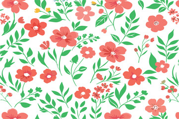Seamless Coral Floral Pattern with Green Leaves Decorative Spring Botanical Vector Background