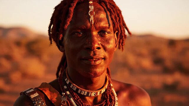 A proud Himba woman with intricate dreadlocks and traditional markings smiles warmly Her beaded necklace and weathered skin tell stories of her rich cultural heritage in the arid landscape